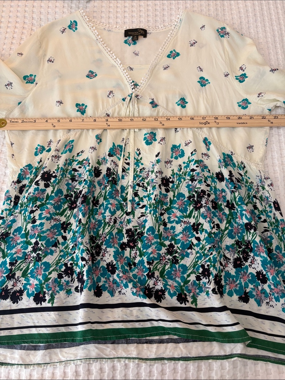 Suzanne Betro Cotton BOHO Cream Tunic with Teal & Black Floral Border SZ 3X - Picture 4 of 5